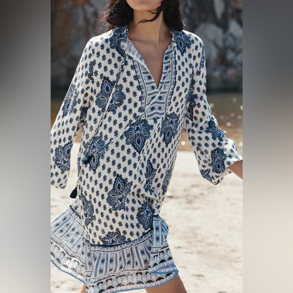 Zara Ecru Cream and Blue Patterned Dress | Sz S